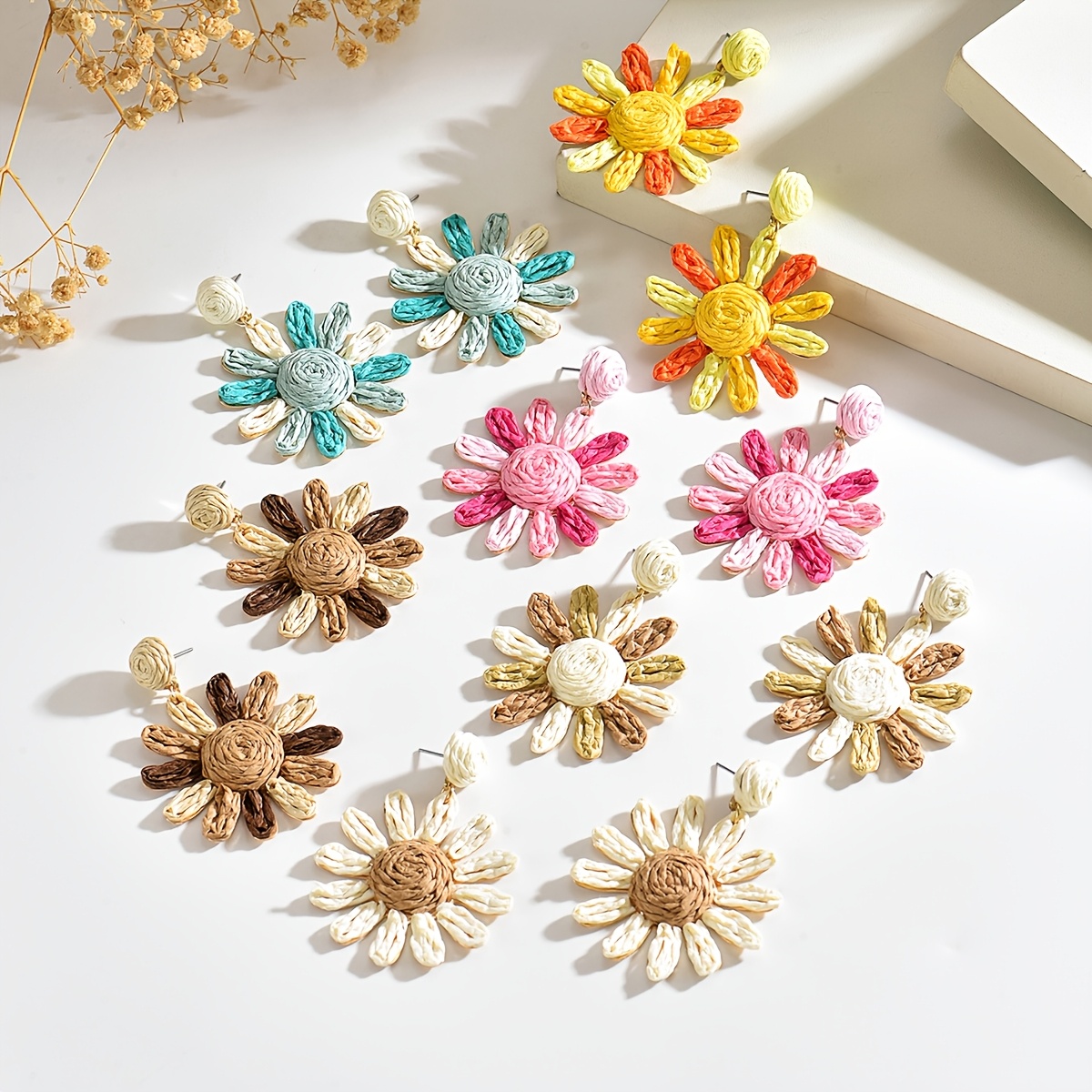 Women's Handwoven Raffia Straw Sun Flower Earrings